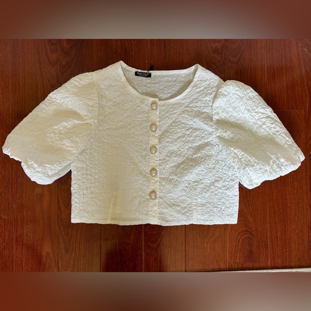 Nasty Gal Puff Sleeve Pearl Button Blouse White - Picture 3 of 7